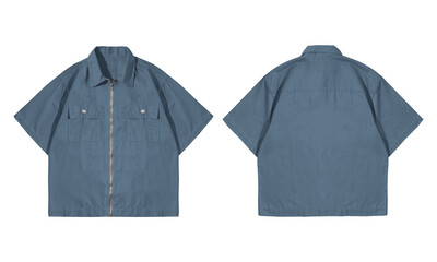 Workshirt zipper the front and back view shows a light blue work shirt.
