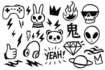 Hand drawn doodle icons in black line art vector illustration