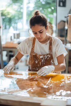 Young Hispanic female etcher demonstrating skill in glass artistry with hydrofluoric acid in studio setting