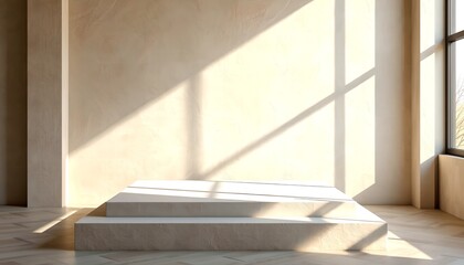 a minimal product podium bathed in natural light. A simple, clean aesthetic with dramatic shadows