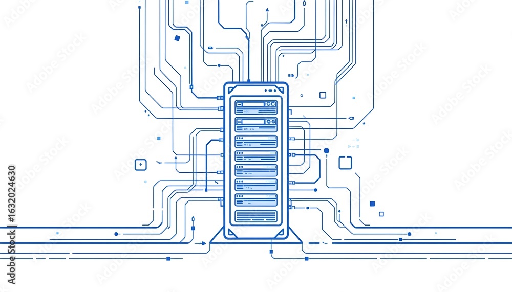 Poster digital server with interconnected lines, symbolizing the intricate world of technology and data man
