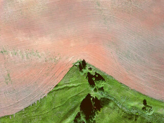 Aerial top view landscape with plowed field and trees on  sunny day