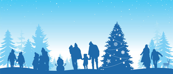 Winter Family Fun in Christmas Forest Landscape