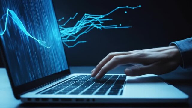 A developer typing on a laptop with abstract digital code, programming, and a glowing blue data stream representing cybersecurity technology. 4k video