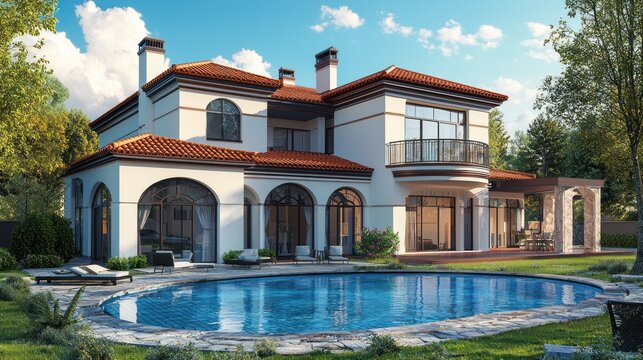 A luxurious Mediterranean-style villa with a pool and garden, featuring white walls, red tile roofs, and large windows.