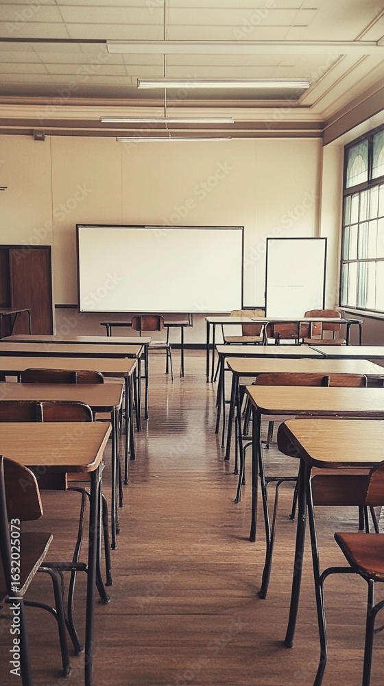 Poster empty classroom with wooden desks and chairs, sunlight filtering through large windows, creating a s