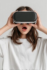 A young woman experiencing virtual reality with excitement, showcasing the future of immersive experiences.