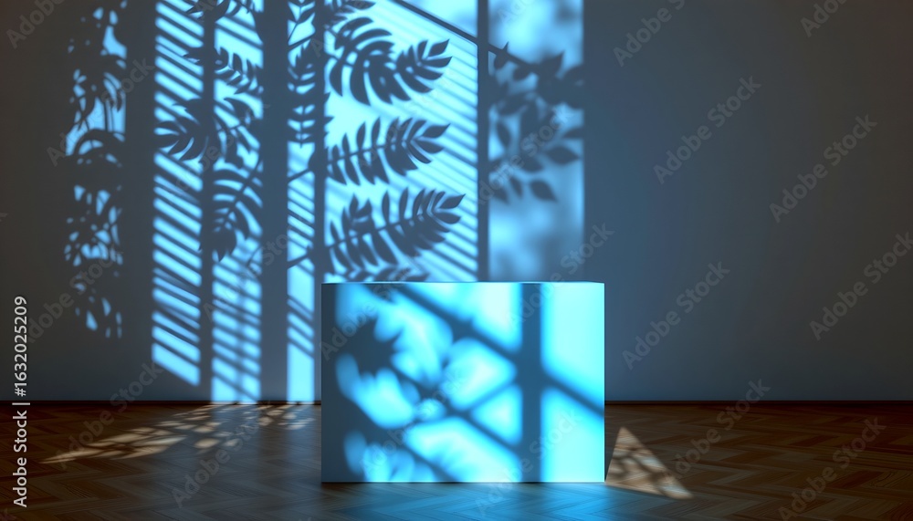 Poster Shadow play with sunlight through a window, projecting leaf patterns on a surface, creating an artistic composition. The sunlight casts the shadows of the leaves onto a surface.