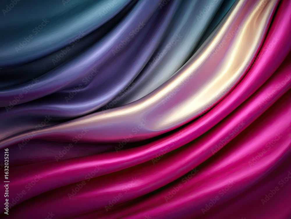 Poster metallic teal and fuchsia fabric with smooth, flowing texture and vibrant gradient colors, creating 