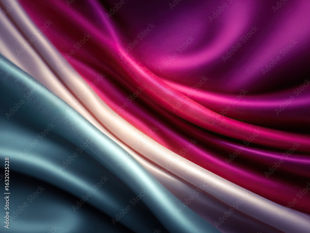 Poster vibrant metallic teal and fuchsia silk fabric with smooth folds and soft texture, creating luxurious
