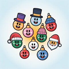 Fototapeta premium Collection of Cheerful Holiday Ornaments with Smiling Faces and Festive Hats Design