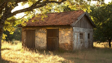 Obraz premium An old, weathered wooden shed with a red tiled roof and wooden doors, surrounded by a grassy field with trees in the background.