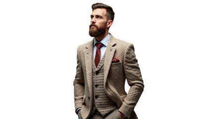 Stylish man in textured beige suit exuding confidence and elegance against a minimalist white background