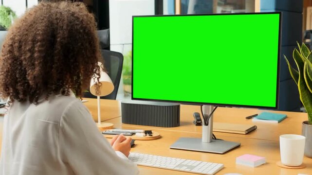 bussiness woman sitting on greenscreen monitor