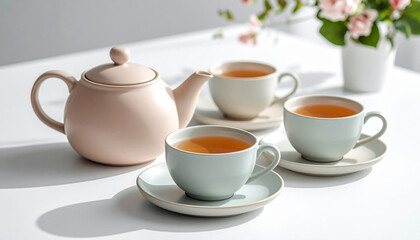 A vintage-style porcelain teapot with floral patterns and two matching teacups, displayed on a neutral background with gentle shadows. The image evokes a timeless, elegant tea experience.