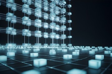 3D blockchain data structure with glowing connections and futuristic digital grid