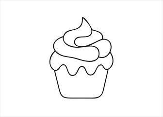 A delicate black continuous line drawing of a sweet cupcake with frosting and sprinkles isolated on white background