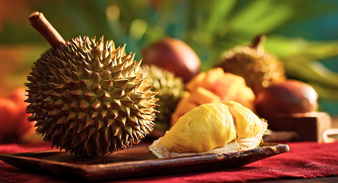 King of fruits durian displayed whole and peeled showing spiky exterior and creamy yellow flesh - Powered by Adobe