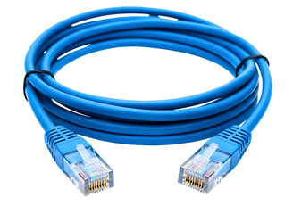 Blue ethernet network cable with rj45 connectors isolated on transparent background