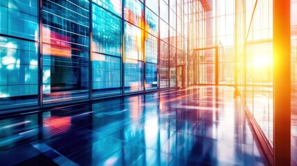 A modern office building with glass windows and a sunlit interior.
