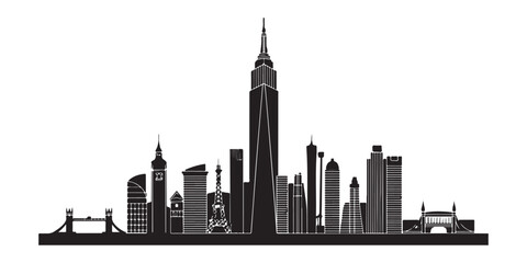 A black and white skyline silhouette featuring various iconic landmarks and tall buildings in a row