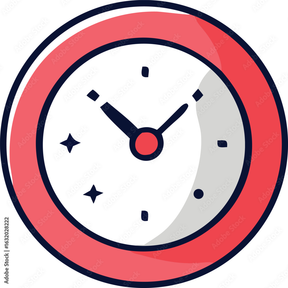 Poster a simple stylized illustration of a round clock with a red border and black hands indicating a speci
