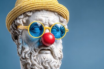 Clown statue with colorful glasses and red nose wearing a yellow hat against a blue background