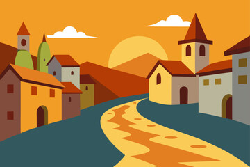 Naklejka premium sun village stone road house europe