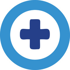 Obraz premium A modern minimalist blue cross symbol within a concentric blue circle representing healthcare medical services or emergency assistance