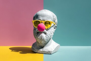Classical bust humorously styled with bright glasses and a clown nose against a colorful background