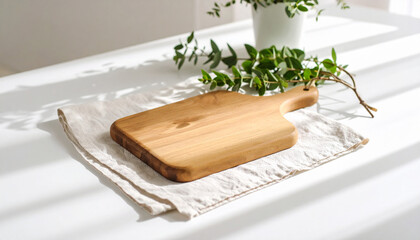 A uniquely designed cutting board resting on a linen napkin, with soft shadows and minimal props like herbs or a knife. The composition evokes a cozy, well-curated kitchen aesthetic.