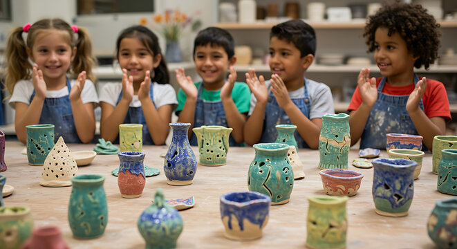 Enthusiastic children in pottery class, admiring their handmade ceramic artworks displayed on a - Powered by Adobe