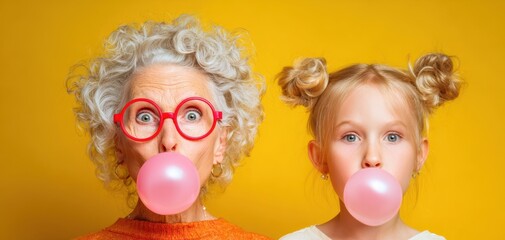 The playful moment of a grandmother and granddaughter blowing bubblegum.