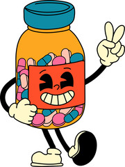 Funky retro pill jar cartoon character with a groovy style