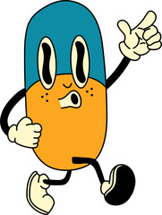 Colorful retro pill cartoon character with a psychedelic vibe