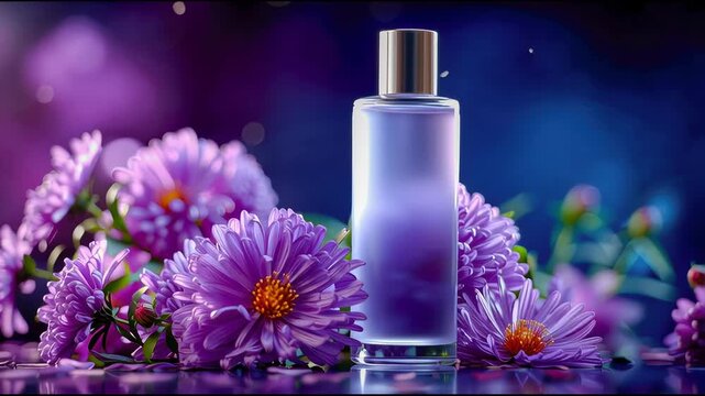 Elegant perfume bottle surrounded by blooming purple aster flowers with a soft glowing background