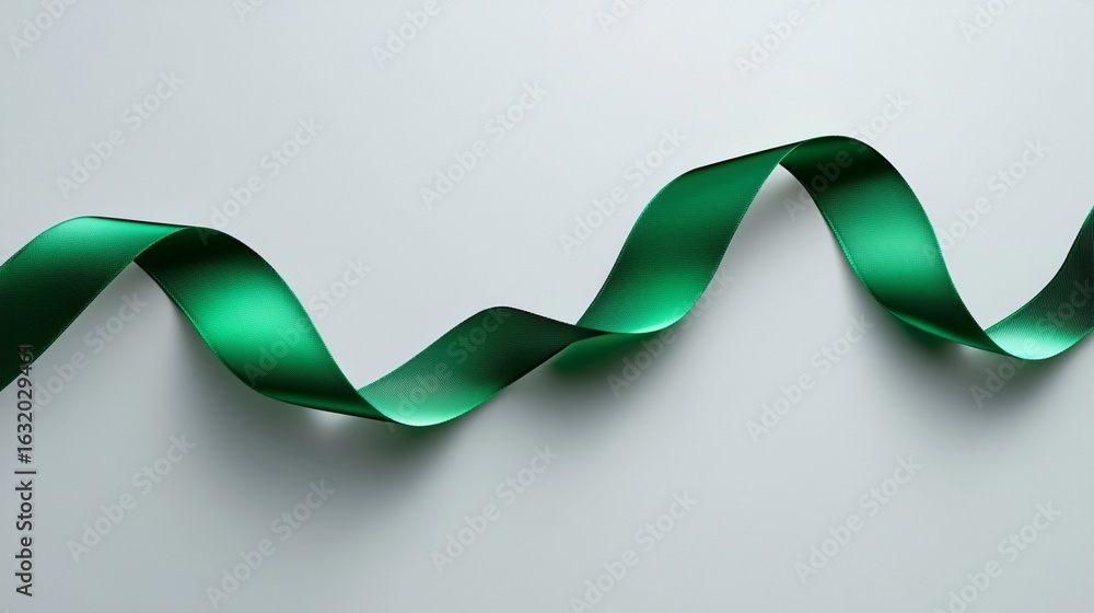 Poster elegant emerald green satin ribbon gracefully curving and twisting against a soft light gray backgro