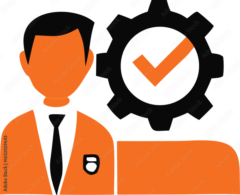 Poster professional man with gear and checkmark symbol representing success efficiency and task completion