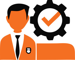 Professional man with gear and checkmark symbol representing success efficiency and task completion