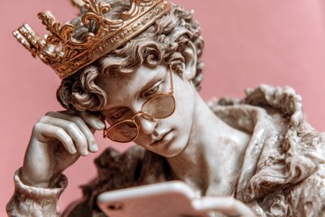 Modern king statue with crown and glasses using smartphone against pink background