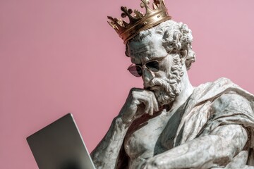 Statue of a king contemplating while using a laptop against a pink background at a contemporary art installation