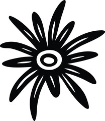 Abstract black and white stylized flower with elongated petals and central oval detail