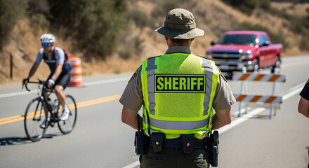 Obraz premium Sheriff Deputy Oversees Roadside Safety During Cycling Event