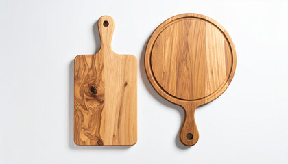 Top-down view of a round and rectangular cutting board set, crafted from reclaimed wood, placed on a white surface with soft drop shadows. The layout is clean and ideal for product photography.