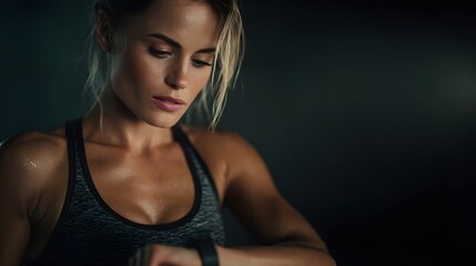 Focused female athlete checking fitness tracker smartwatch