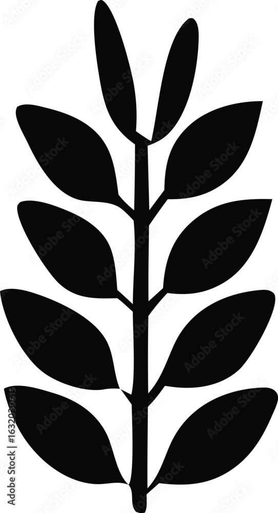 Poster stylized silhouette of a branch with multiple oval leaves in a symmetrical pattern against a white b