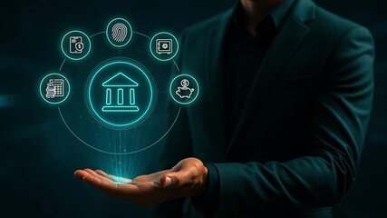 Man in green suit holding glowing bank protection icons in hand, showing futuristic digital lock and account safety technology - Powered by Adobe