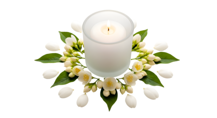 Candle burns brightly surrounded by jasmine flowers and petals on black background