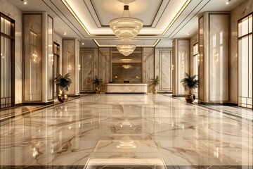 Elegant and luxurious hotel lobby with marble floors and stylish decor, perfect for showcasing modern architecture.