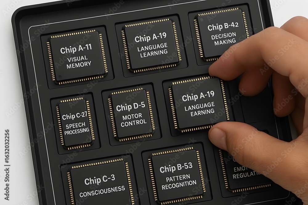 Poster human hand selects neural chip labeled language learning, showcasing cognitive processing and ai inn